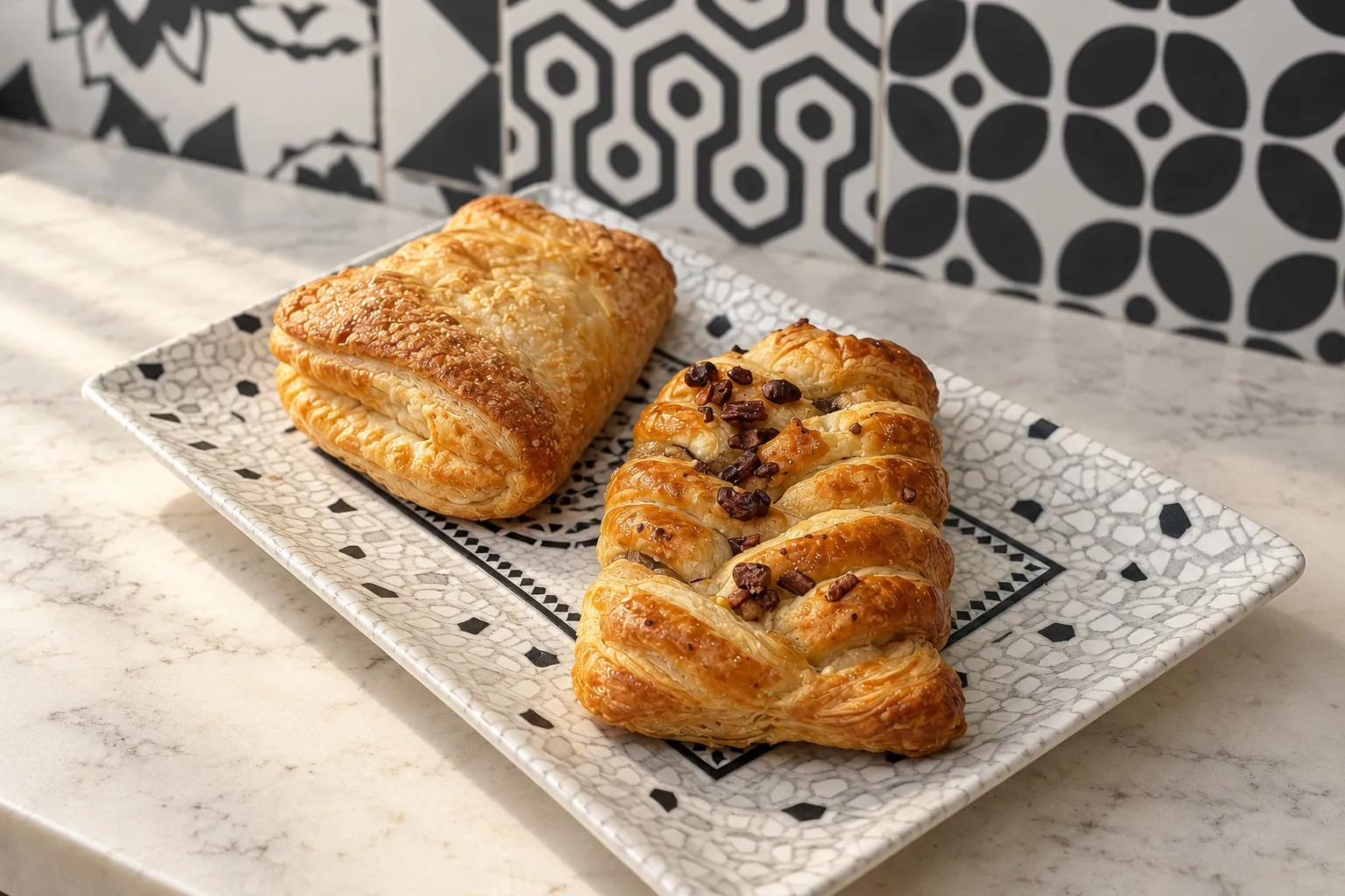 Due sfogliati sul piatto decorato, con le cementine del locale sullo sfondo