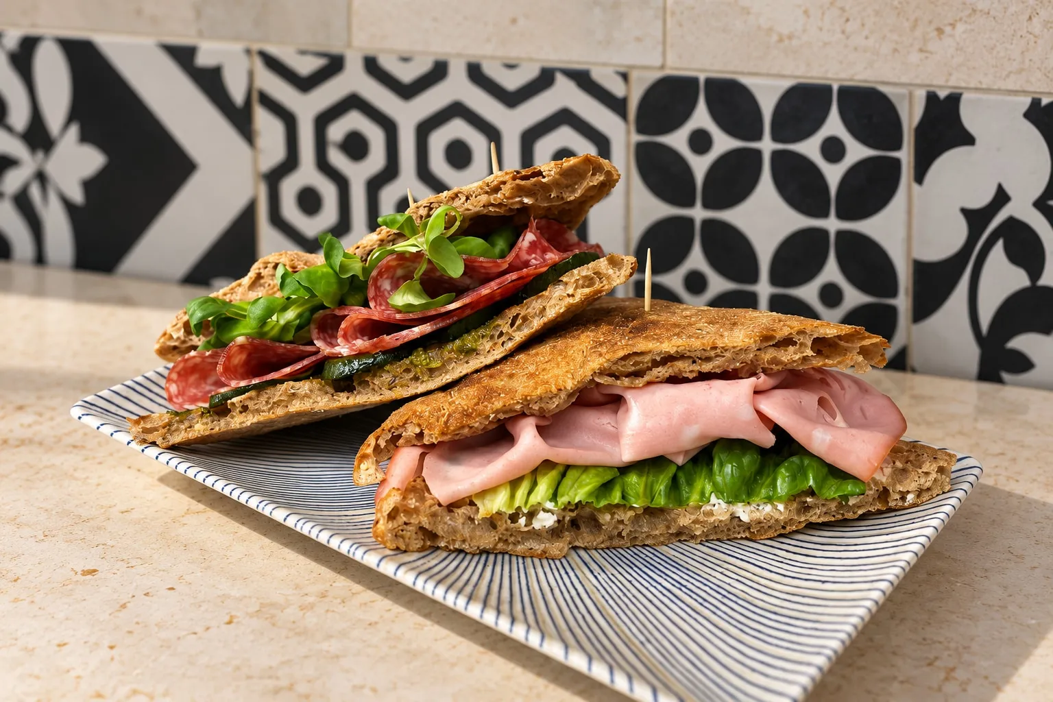 Due porzioni di focaccia farcita sul piatto a righe