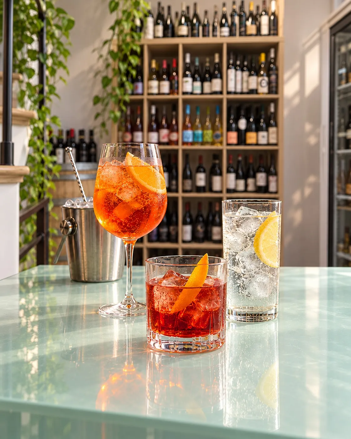 Composizione di drink della casa davanti alla selezione di bottiglie del locale