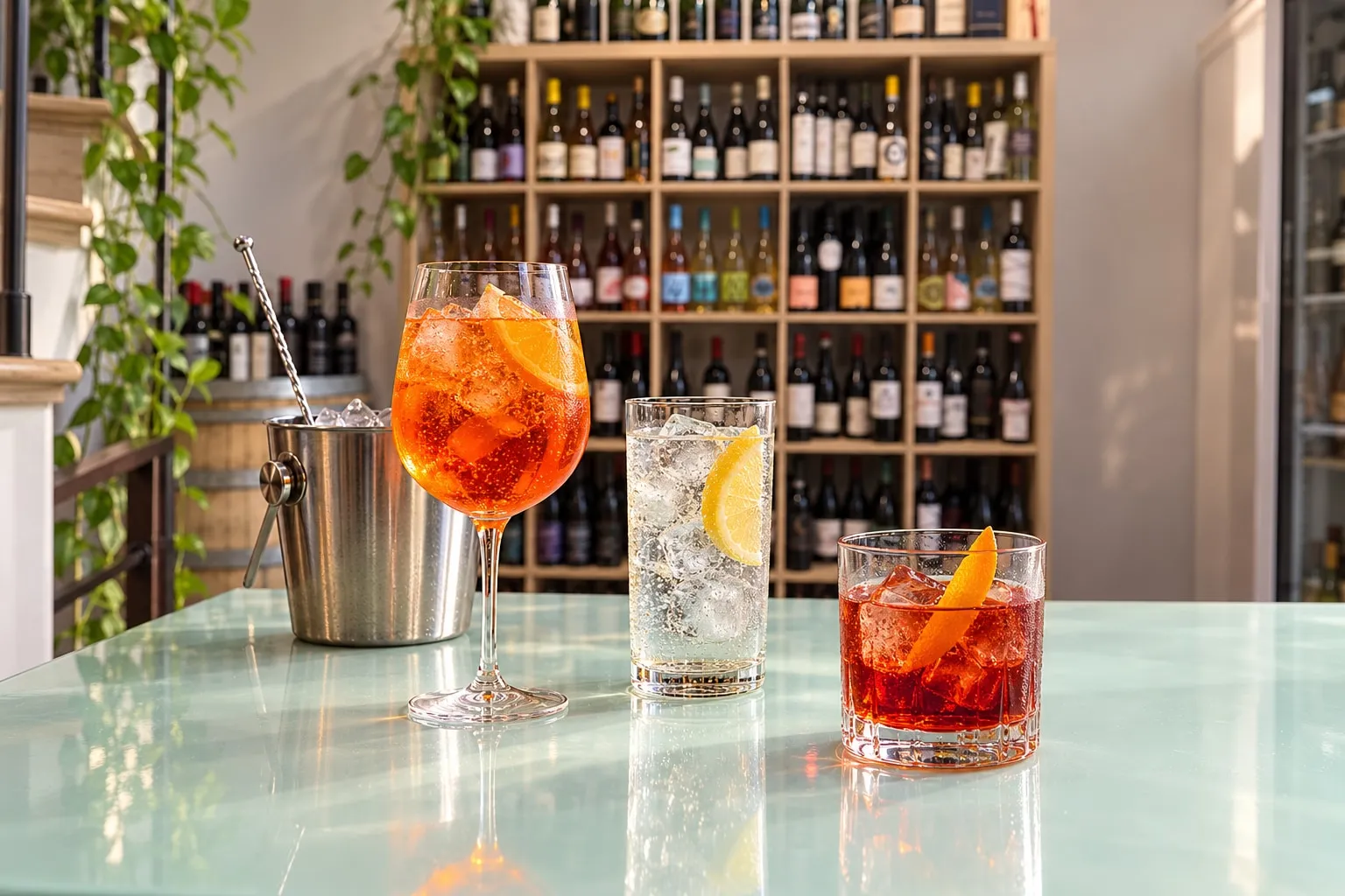 Composizione di drink della casa davanti alla selezione di bottiglie del locale